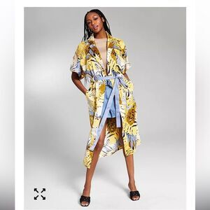 Jeannie Mai INC Tropical Midi Belted Trench Top Dress Blue yellow Gold 1x Tunic